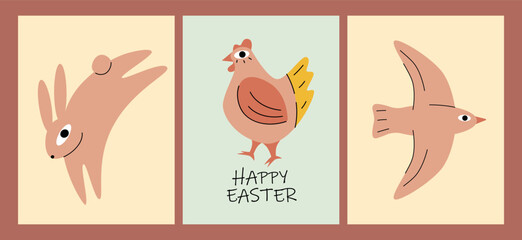 Cute set of Easter cards. Easter bunny, chicken, bird. For poster, card, print
