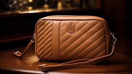 A classic quilted leather shoulder bag for women, timeless craftsmanship, and a quilted pattern, mockup, displayed on a matte clay backdrop