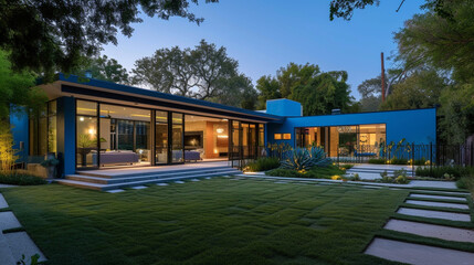 An ultramodern residence with a vibrant electric blue facade, complemented by a basic backyard and...