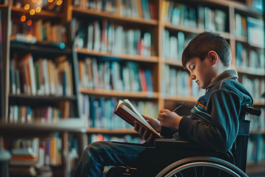 child in a wheelchair studying in the library or school with a book with a friend. Integrity and equality with disabled children - Powered by Adobe