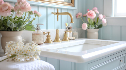 Bathroom. soft pastel color on this bathroom vanity brings a touch of modern beach house interior...