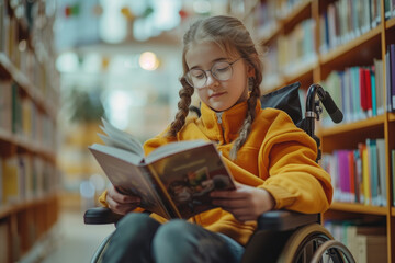 child in a wheelchair studying in the library or school with a book with a friend. Integrity and equality with disabled children