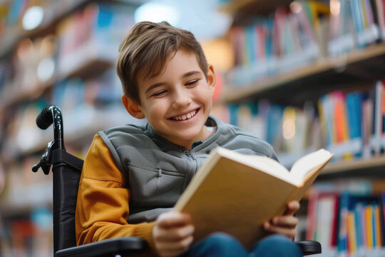 child in a wheelchair studying in the library or school with a book with a friend. Integrity and equality with disabled children