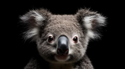portrait of a koala on a black background, close-up