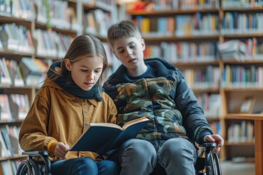 child in a wheelchair studying in the library or school with a book with a friend. Integrity and equality with disabled children