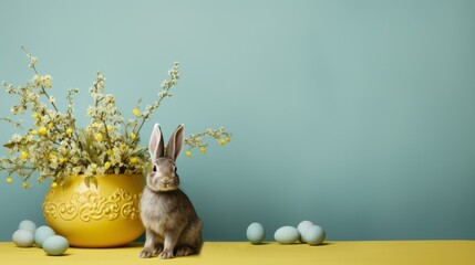  Easter composition with vase, flowers, rabbit  and turquoise eggs, copy space - obrazy, fototapety, plakaty