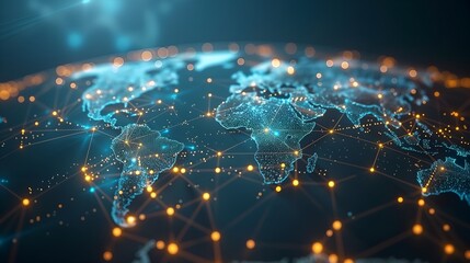 Digital World Map, concept of global network and connectivity, international data transfer and cyber technology, worldwide business, information exchange and telecommunication - obrazy, fototapety, plakaty