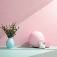 modern minimalistic pink easter background with bunny and vase in art nouveau style