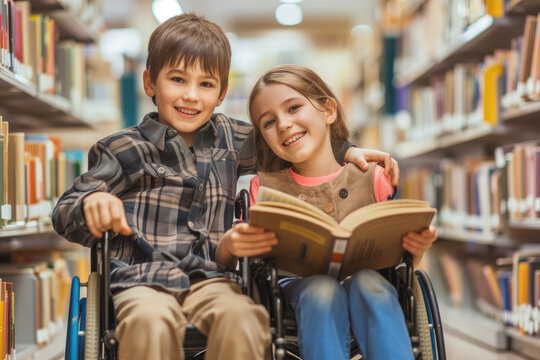 child in a wheelchair studying in the library or school with a book with a friend. Integrity and equality with disabled children