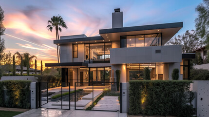 An ultra-modern structure with a sleek platinum facade, featuring a streamlined backyard and a sophisticated wrought iron gate, under the peaceful early evening sky