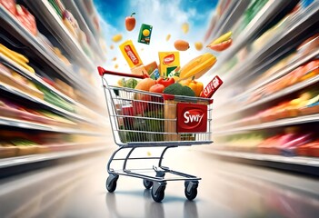 shopping cart in supermarket - obrazy, fototapety, plakaty