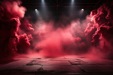 Red smoke stage studio. Abstract fog texture.