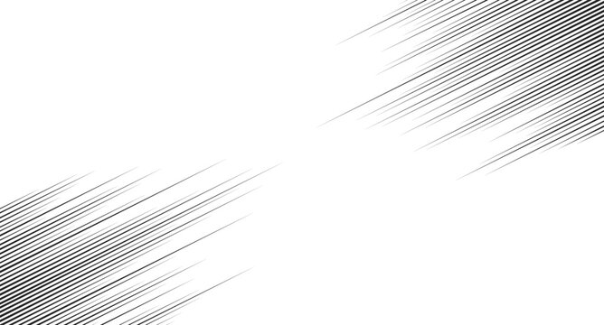 Dynamic diagonal corner speed lines background. Anime style line backdrop. Comics book frame speed lines. Monochrome manga super hero force movement layout. Simple geometric stripes.