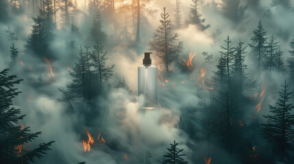 Serum or cosmetics with a simple, elegant design, with a forest fire as the backdrop for product presentation.