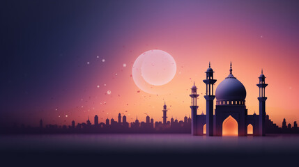 Muslim mosque banner with copy space. Islamic mosque on dark background. Ramadan mosque at night