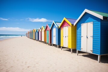 a row of colorful huts on a beach