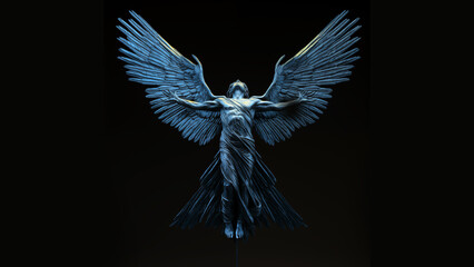 icarus as a roman sculpture reaching for the sun on a black background. he is drawn in blue lines