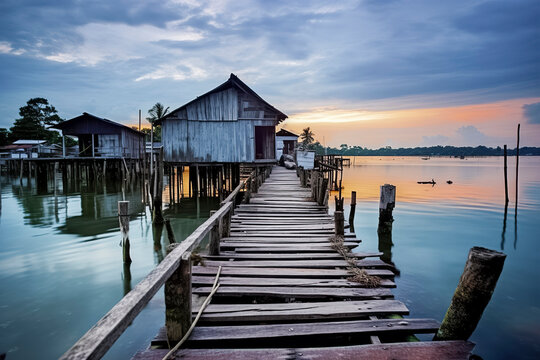 A serene image of wooden houses on stilts, connected by a rickety walkway over calm waters, under a colorful sunset, ai generative