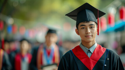 Young Male Graduate at Commencement Ceremony. Portrait of a young man in graduation attire, with peers in soft focus background at a commencement event.