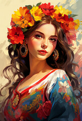 a painting of a woman with flowers in her hair and a dress on her head, with a flower in her hair, generative ai