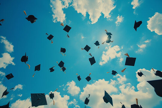 Graduation Caps Tossed in Celebration Skyward. Graduation caps flying in the air against a blue sky during a jubilant graduation ceremony celebration.