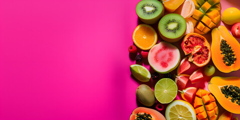 Fototapeta na wymiar Tropical Fruit Assortment on Vibrant Pink Background