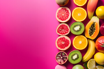 Obraz na płótnie Canvas Vibrant Assortment of Fresh Fruits on Pink Background