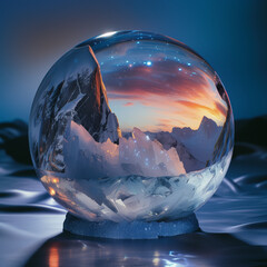 The circle is white like a crystal ball and has a diamond ring light on top. Floating above the surface of the water in a dark atmosphere, global warming effect to ice berg by generative AI.