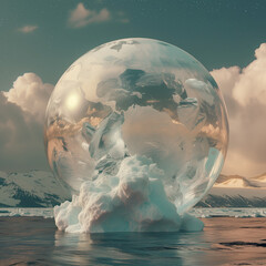 The circle is white like a crystal ball and has a diamond ring light on top. Floating above the surface of the water in a dark atmosphere, global warming effect to ice berg by generative AI.