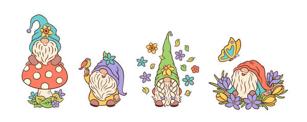 Spring gnomes cute characters. Funny garden gnome spring vector. Scandinavian elf fun whimsical fairy core illustration hand drawn. Adorable little dwarf, spring flowers, bird, butterfly, toadstool.