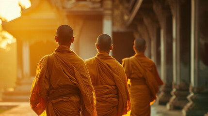 Buddha monks are walking in a neat row with full of yellow and orange. - obrazy, fototapety, plakaty