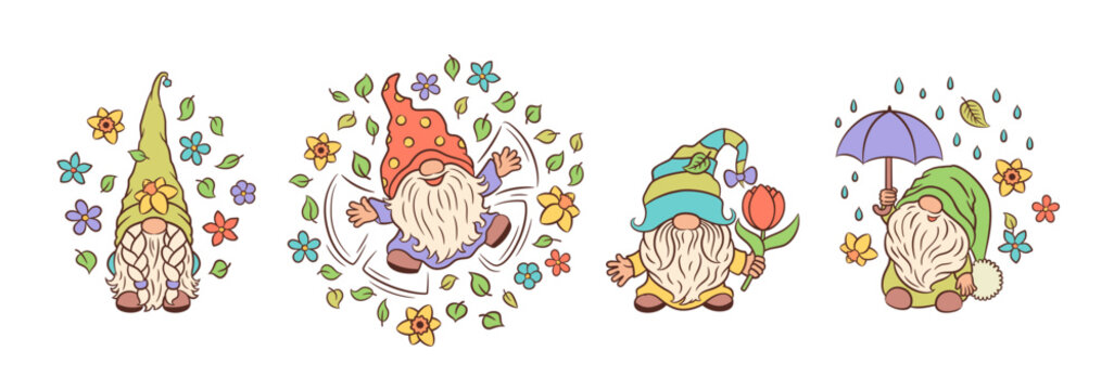 Cute spring gnomes characters. Adorable garden gnome spring vector. Scandinavian elf fun whimsical fairy core illustration hand drawn. Funny little dwarf, spring flowers, tulip, umbrella, daffodil.