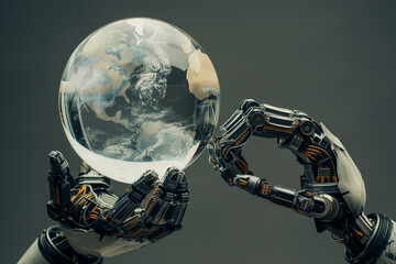 robotic arms holding crystal world, artificial intelligence development revolution by generative AI.