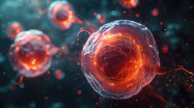 Embryonic cell with a nucleus in the center. egg cell human or animal. Development of organisms at the cellular level under a microscope. medical science concept.