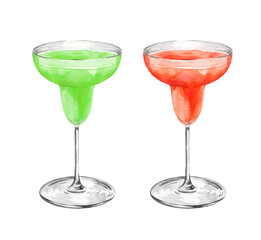 watercolor hand drawn set with illustration of summer cocktail in martini glass, sketch of vibrant green and pink tropical fruit beverage, cosmopolitan, food illustration isolated on white background