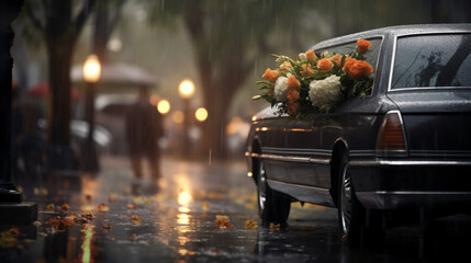 Rainy funeral with bokeh, neural network generated. - obrazy, fototapety, plakaty