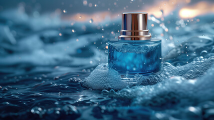 Serum or cosmetics with a simple, elegant design White and blue tones There are blue sea waves and the sky is clear It is a backdrop for product presentations.