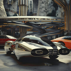 showcasing a mix of vintage and futuristic luxury cars in various urban and natural settings.