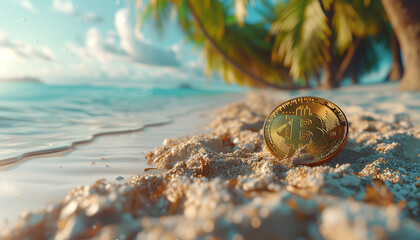 Gold Bitcoin coin in white tropical uninhabited island sand buried on the ocean blue lagoon beach. Modern crypto currency world, finance markets, traveling and investments concept image.