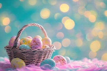 Easter banner with easter decorations , Easter basket , sparkling bokeh , vibrant colors background