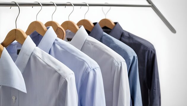 Close Up of Men's dress shirts, Clothes on hangers on white background
