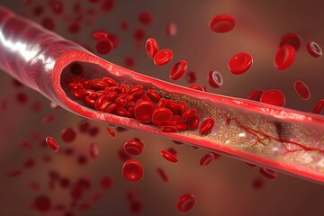 A high-definition 3D rendering of red blood cells traveling through a vein, depicting the dynamics of human blood circulation.