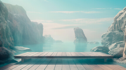 Ocean with a wood jetty and rocks in the background. Wooden table for product presentation. - Powered by Adobe