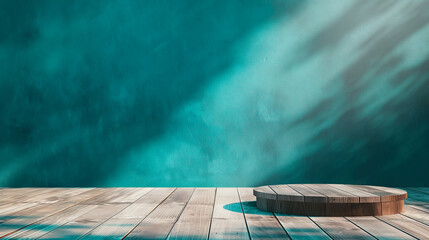 Obraz premium Green Turquoise Blue Paradise, Pool Oasis with Plants, Wood Wooden Product Advertising Mockup Background Isolated Empty Blank Podium Pedestral Table Stand Mockup Presentation Podest