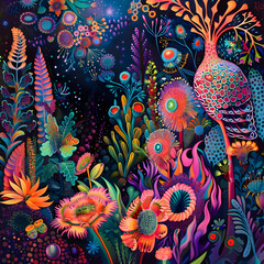 Psychedelic Nature where flora and fauna radiate with exaggerated, surreal colors and patterns.