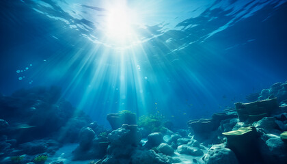 Underwater scene, beautiful blue ocean background with sunlight reflections and seabed - obrazy, fototapety, plakaty