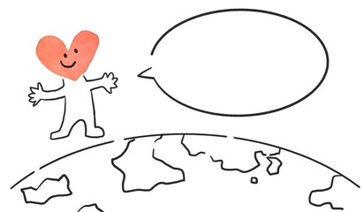 かわいいハートのキャラクターが地球の上で発言するイラスト