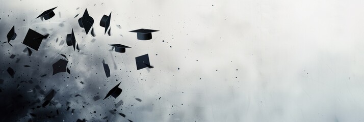 Artistic contemporary light gray background with graduate hats in the air with copyspace