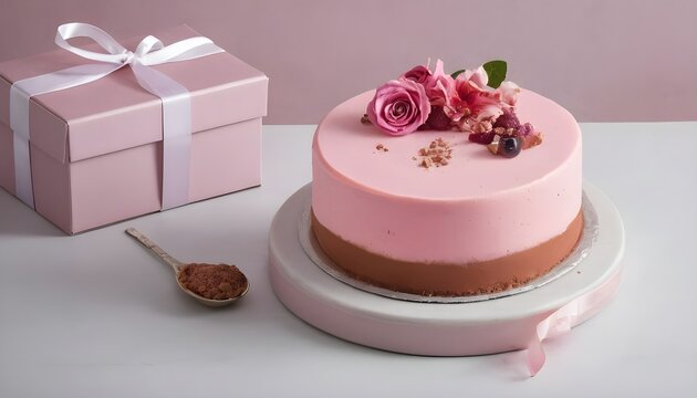 Luxury pink mousse cake in gift box