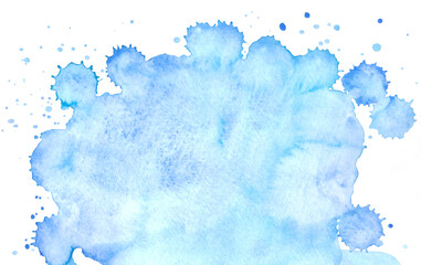 A bright blue watercolor spot with splashes on a white background, hand-drawn. Watercolor splash in blue emerald shades. Abstract background with space for text. An element for design, decoration.